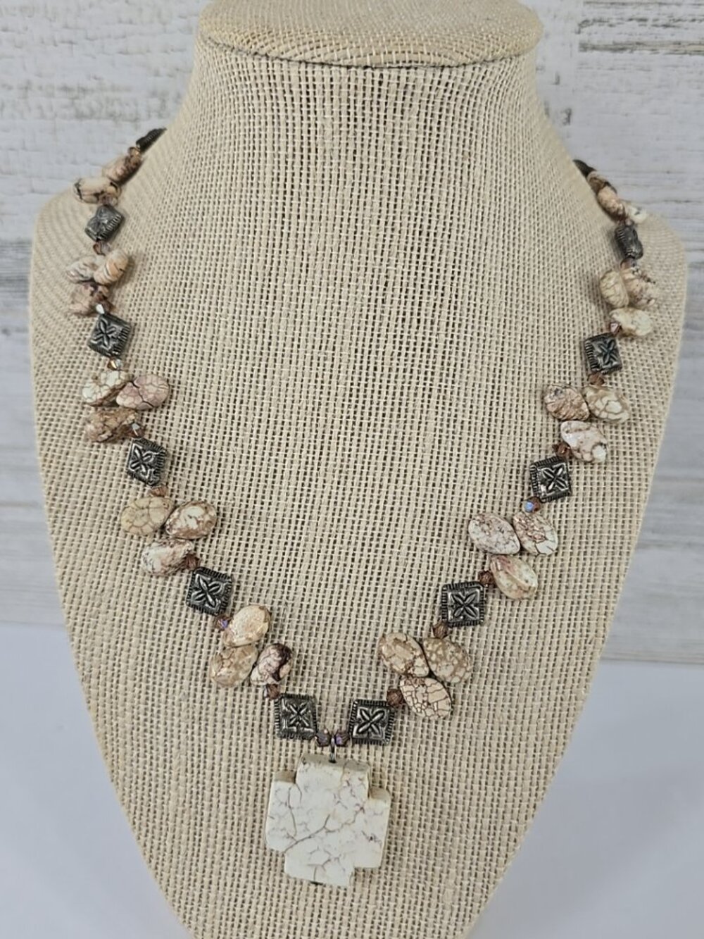 Natural Picture Jasper Stone Nugget Bead Necklace w/ Carved Cross Pendant Boho..